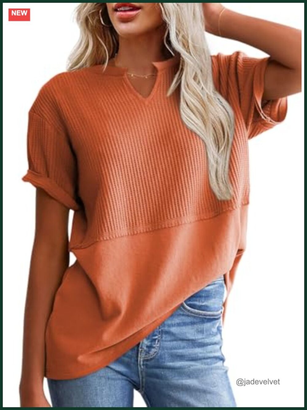 Womens Waffle Knit Tunic Top V Neck Short Sleeve Loose Fit Summer Shirt